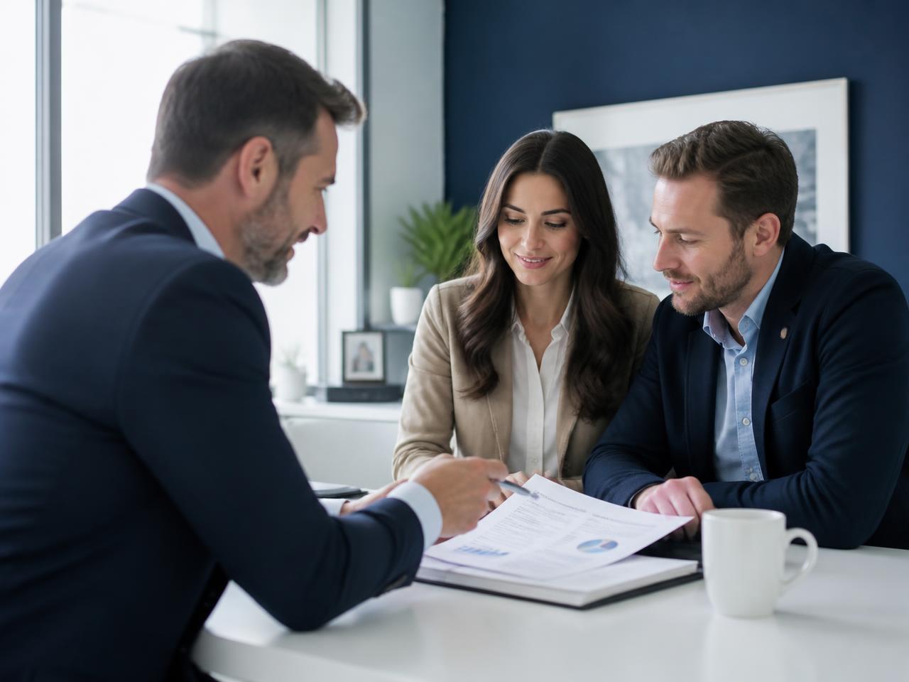 Conseiller en financement accompagnant un couple dans l'étude de son dossier de crédit